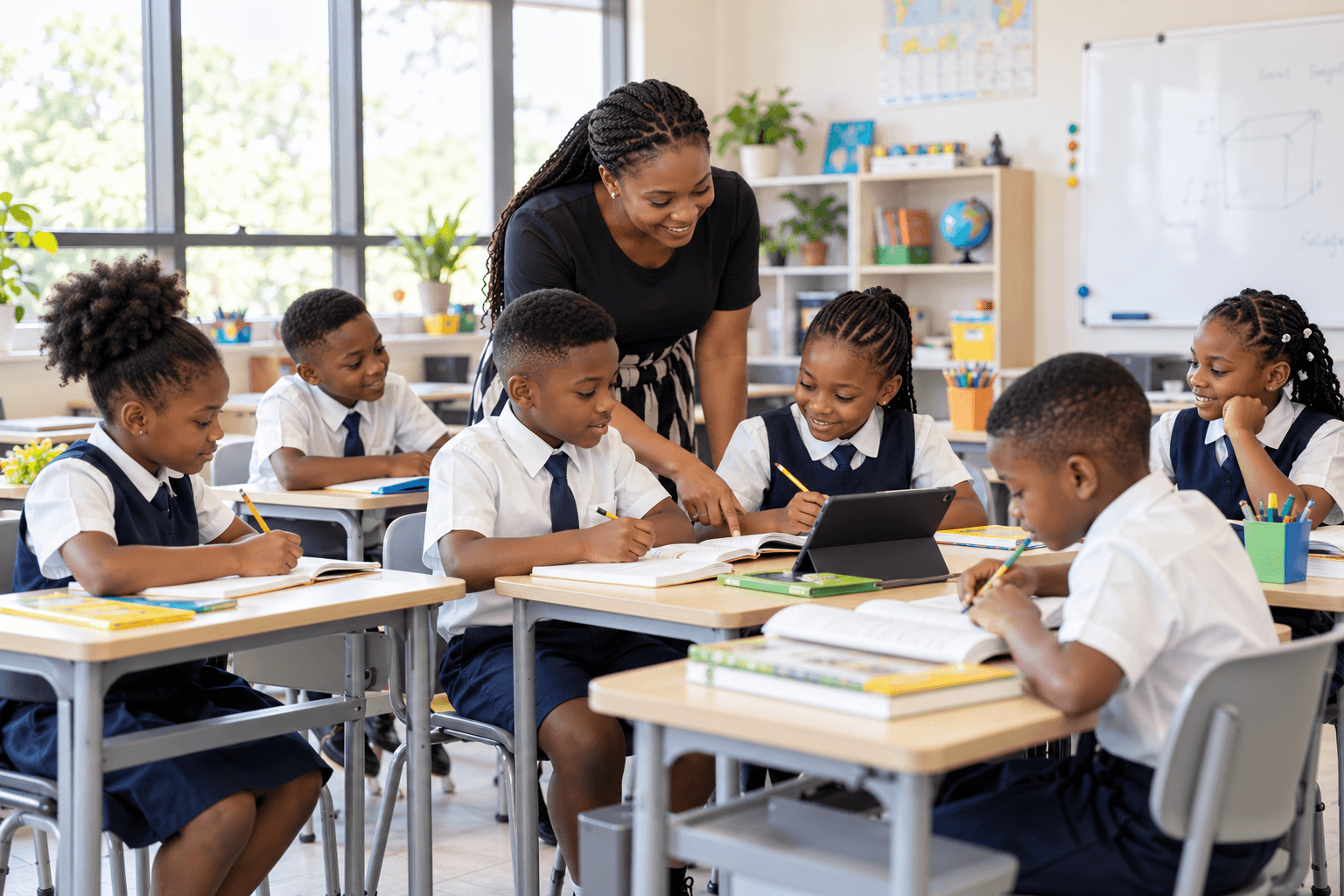 AI-generated scene of a teacher guiding uniformed pupils in a bright modern Nigerian classroom.