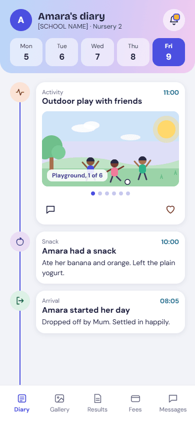 Example parent diary showing a school activity, a snack update and a child’s arrival.